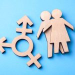 Wooden transgender symbol and couple figures on blue background.