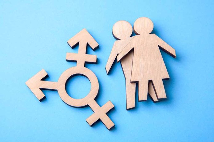 Wooden transgender symbol and couple figures on blue background.