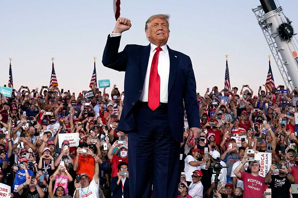 Trump standing in front of cheering crowd