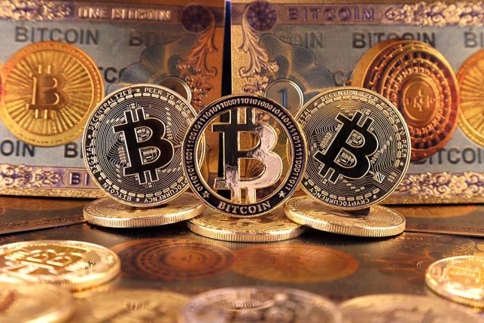 Bitcoins and Bitcoin-themed banknotes in various designs.