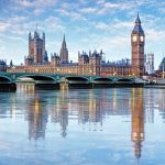 Westminster Bridge and Big Ben reflected in water.