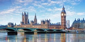 Westminster Bridge and Big Ben reflected in water.