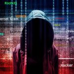 Hooded figure with cybersecurity-related words and binary code.