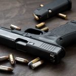 Handgun with bullets on a wooden surface.