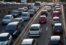 Traffic jam on a multi-lane highway.