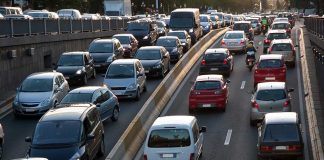 Traffic jam on a multi-lane highway.