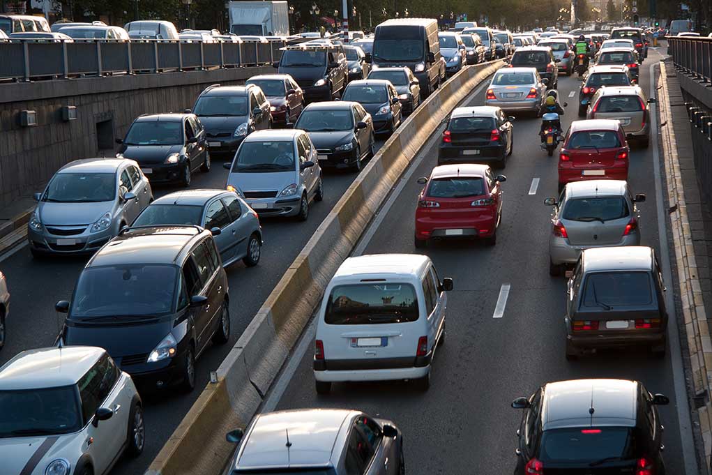 Traffic jam on a multi-lane highway.