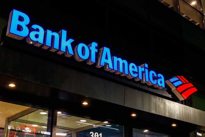 Bank of America building with illuminated sign.