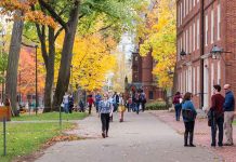 People walking on a college campus in autumn.