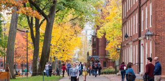 People walking on a college campus in autumn.