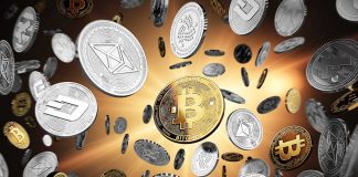 Cryptocurrency coins floating against a glowing background