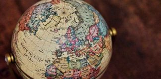 Close up of vintage globe showing Europe and Africa