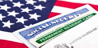 Social Security card and green card on flag.