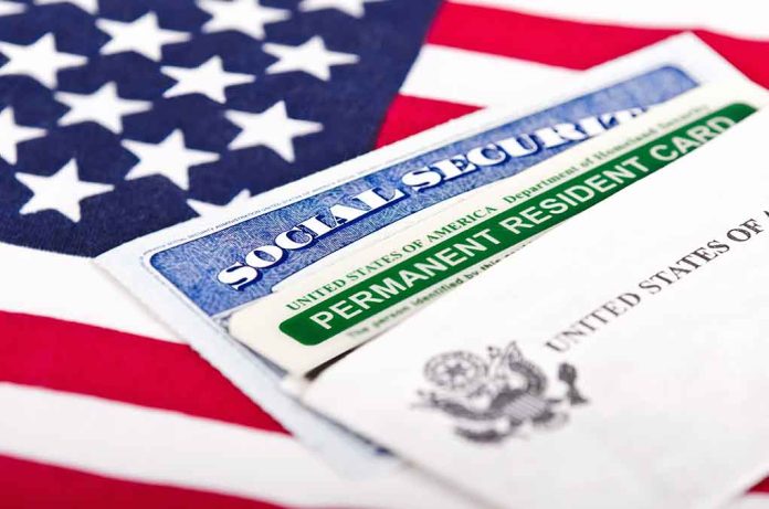 Social Security card and green card on flag.