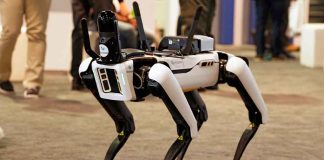 Robotic dog standing on indoor carpeted floor.