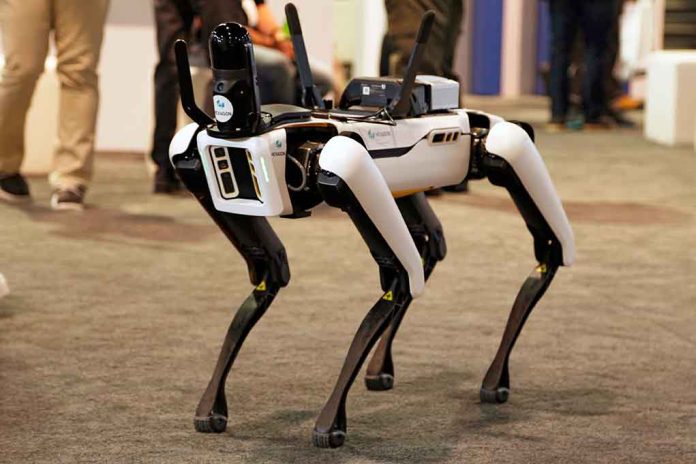 Robotic dog standing on indoor carpeted floor.