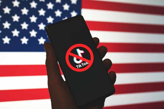 Phone displaying TikTok ban symbol in front of flag