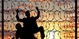 Silhouettes and barbed wire against sunset sky backdrop