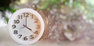 White analog clock with blurred green background