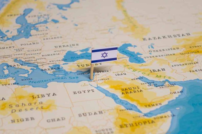 Israeli flag marking Israel on a world map.